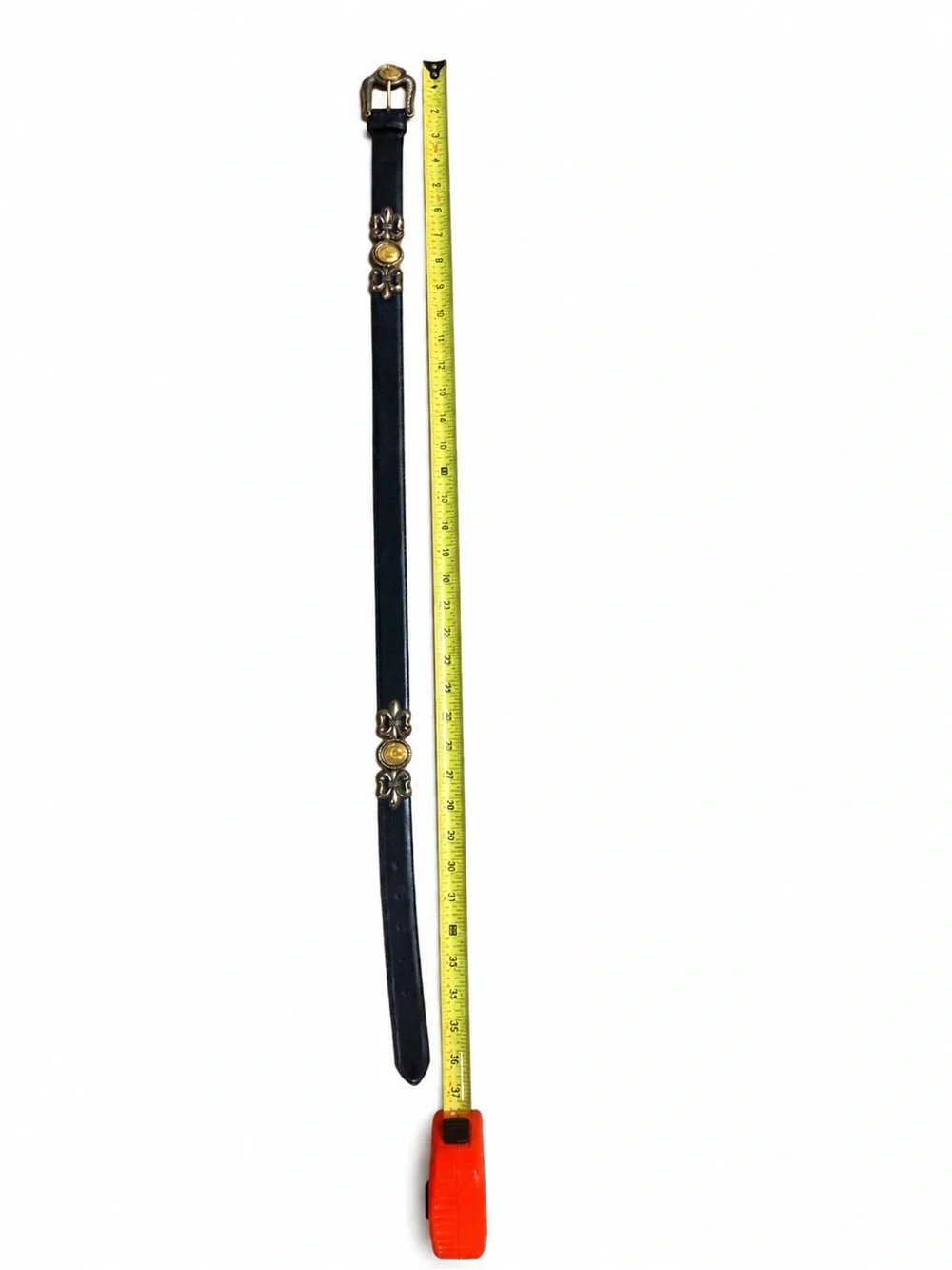 Brighton Navy Leather Belt with Gold Medallion Hardware